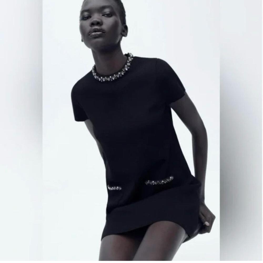 Zara Black Faux Suede Embellished Pocket Mini Dress | Size Small | Detail Shift